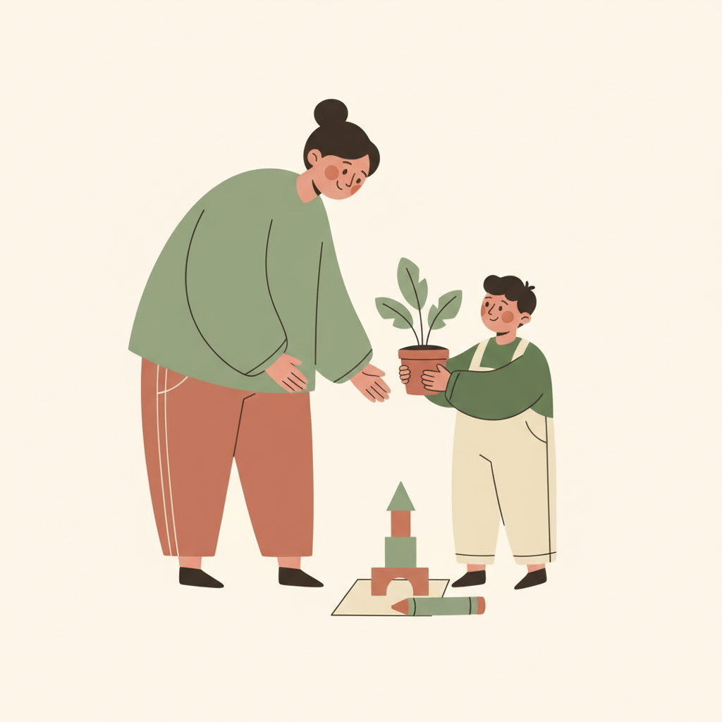 Parent and child nurturing a plant together