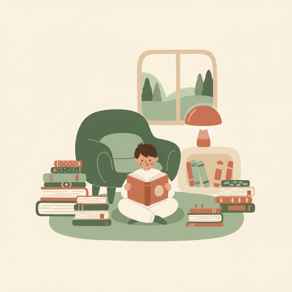 Child reading books in cozy room - self-directed learning