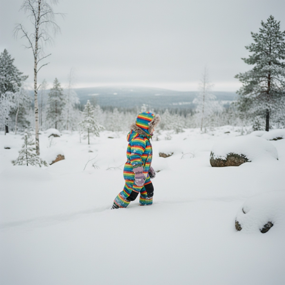 Child in colorful snow suit walking through snow