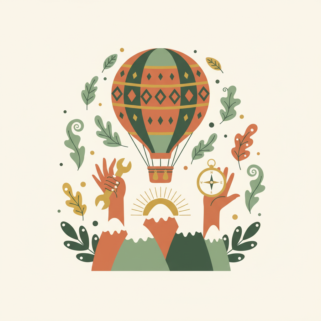 Illustration of hands reaching up with tools, compass, hot air balloon and leaves - representing childhood growth and independence
