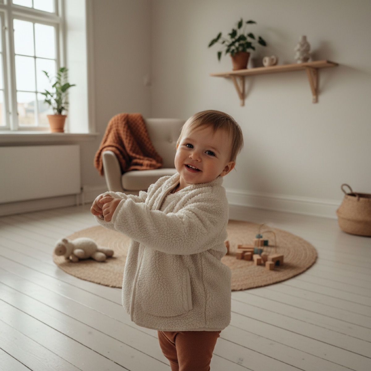 Toddler putting on fleece jacket indoors