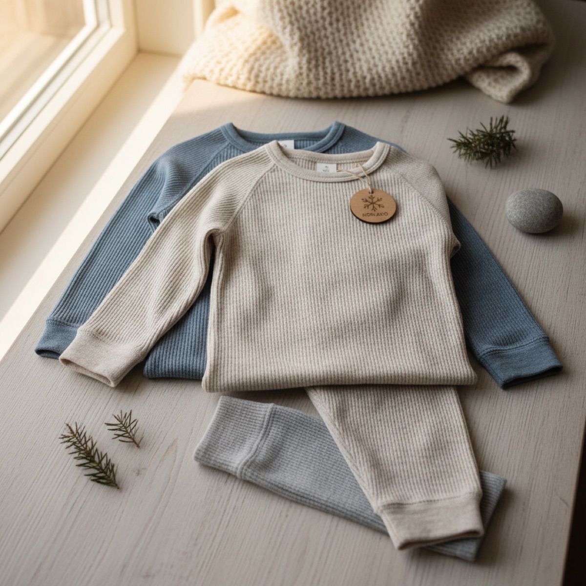 Wool base layer clothing laid on wooden surface
